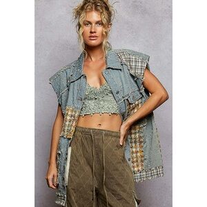 POL Denim Patchwork Vest | Long Mixed Fabric Boho Vest